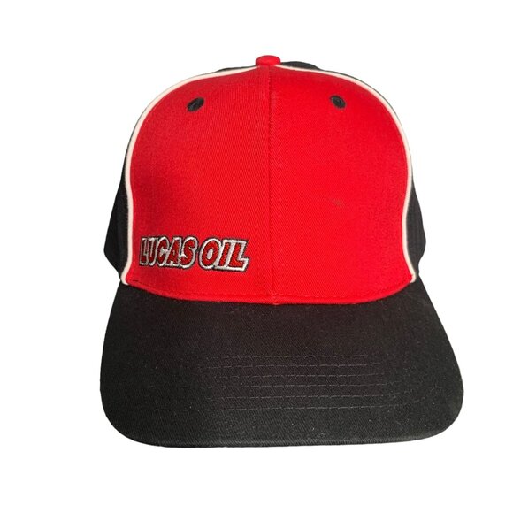 Lucas Oil Embroidered Snapback Hat Red Black Logo 6 Panel Eyelets Racing - Picture 1 of 7